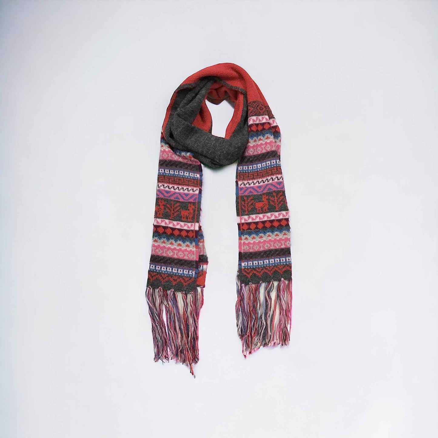 Red and Greyish Black Handmade Reversible Alpaca Scarf