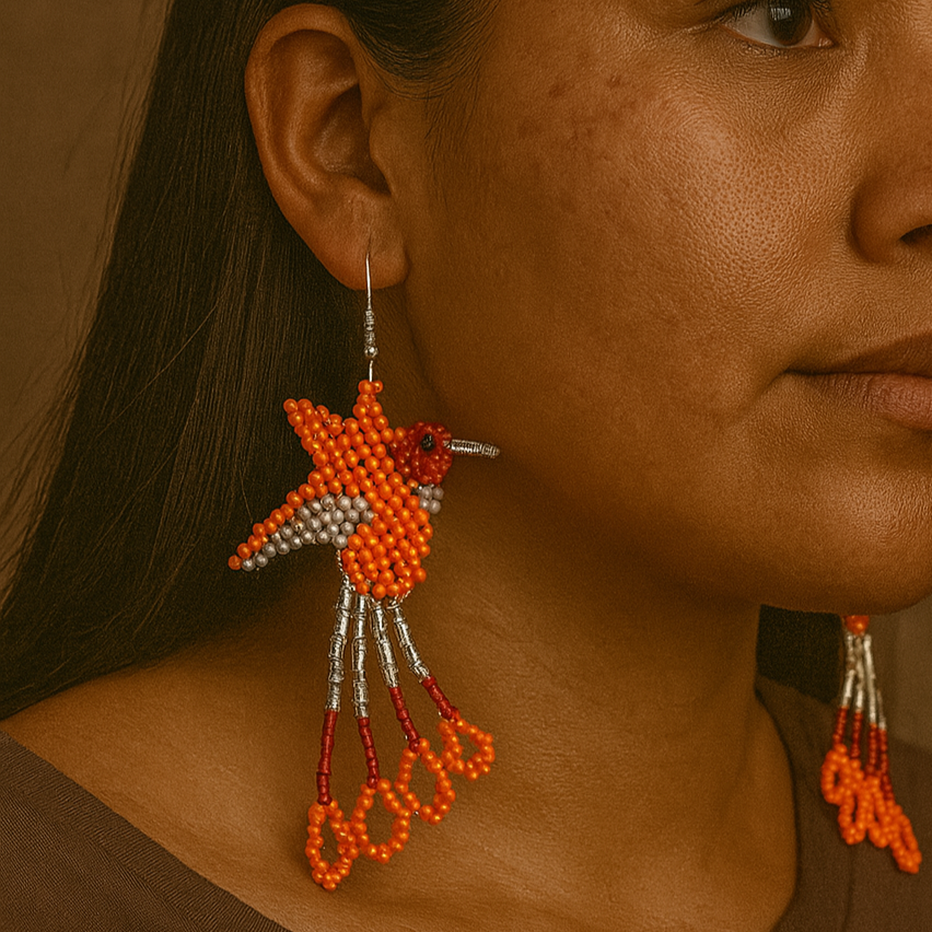 Handmade Beaded Hummingbird Earrings – Orange & Red