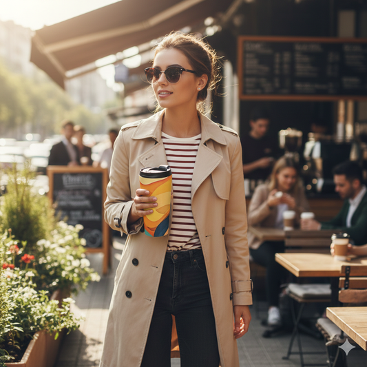 Sunset Waves Stainless Steel Travel Mug — Abstract Retro Orange & Yellow Design - AURABAGS SHOP