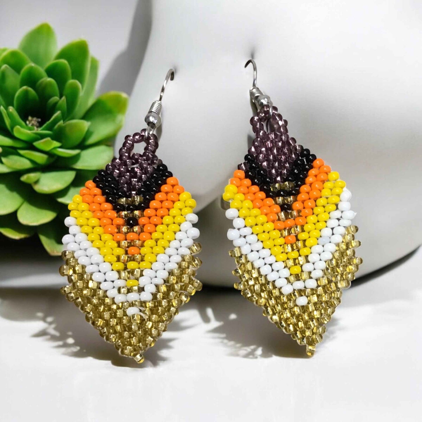 OldTribes™ Gold and blackberry Beaded Feather Drop Earrings