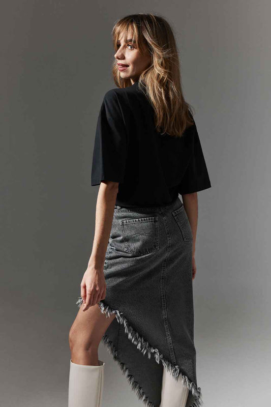 Asymmetric Frayed Denim Skirt
