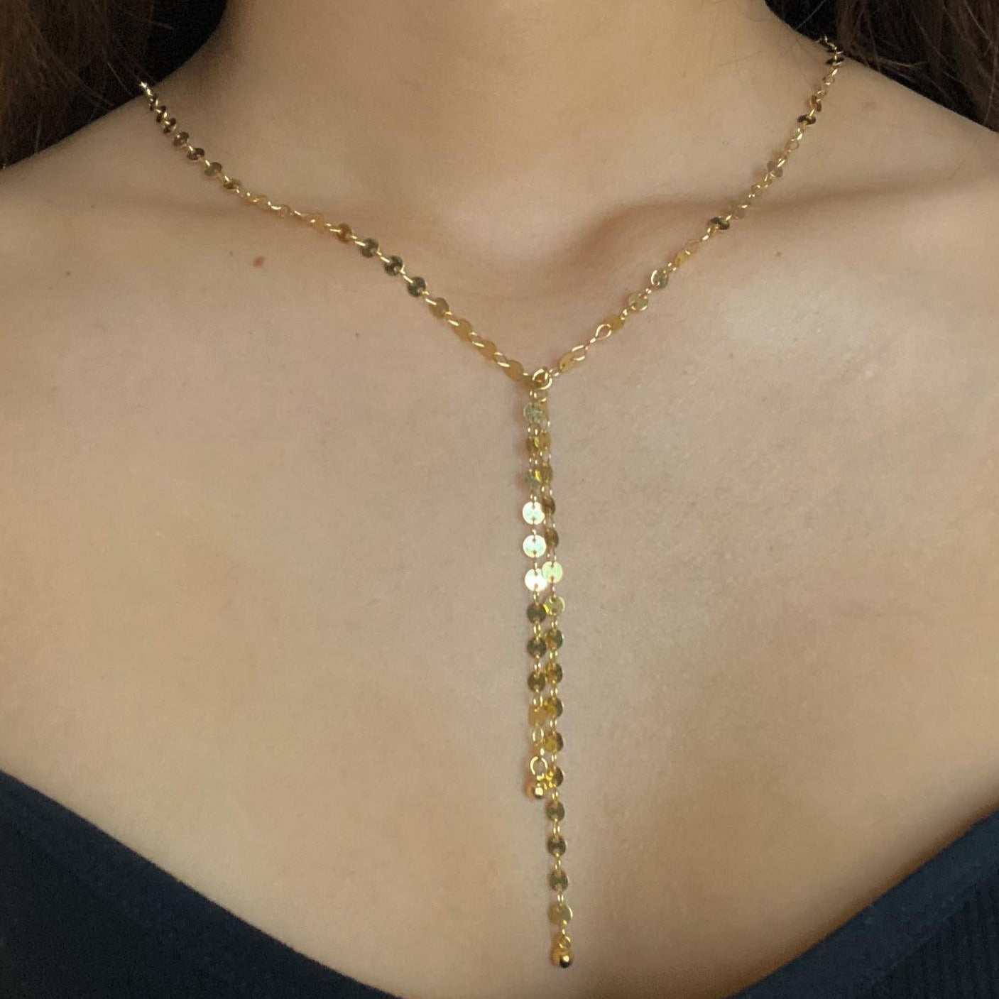 Disc Chain Necklace With Double Drop In Gold Plate