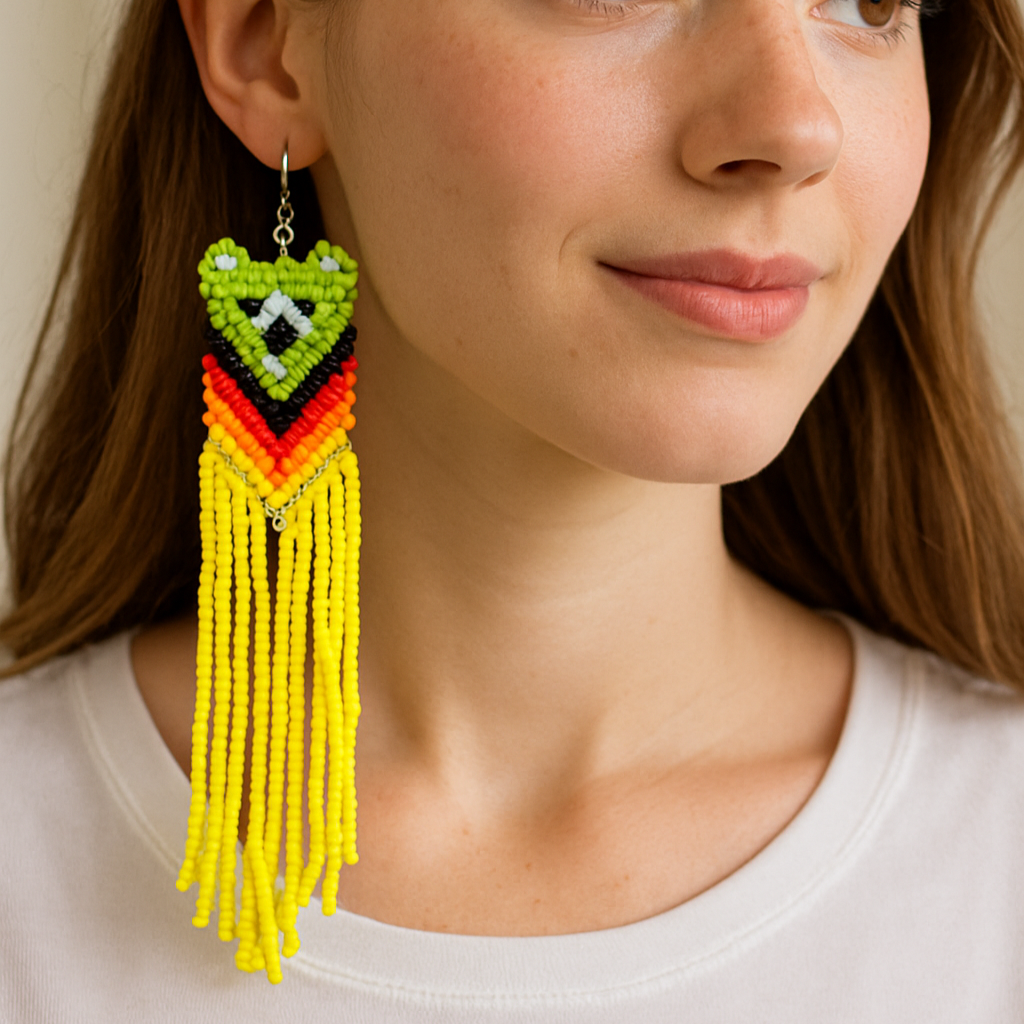 Green Yellow Native Bear Beaded Earrings