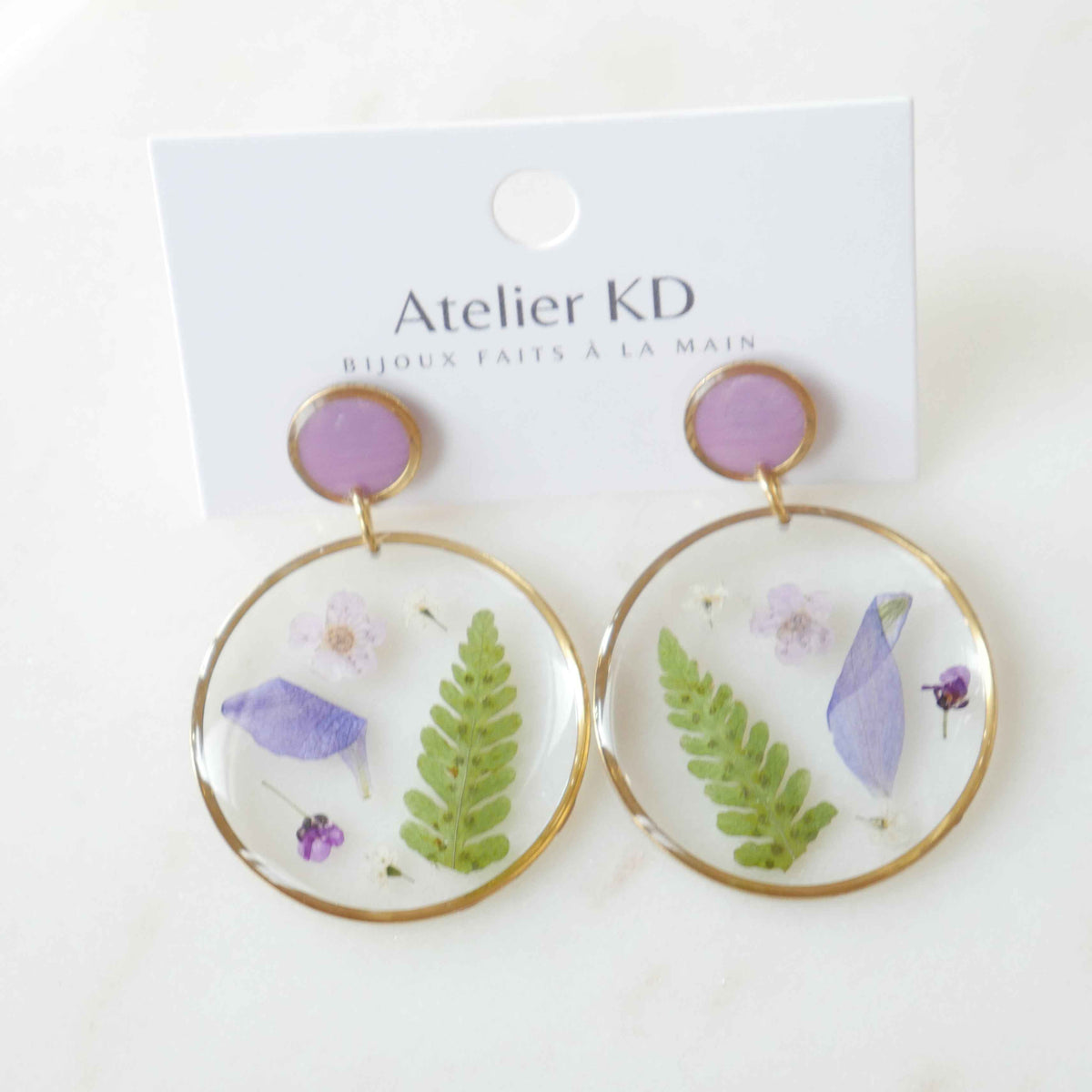 Boucles d'oreilles duo - les Violettes et la fougère - rond (XL 35mm)