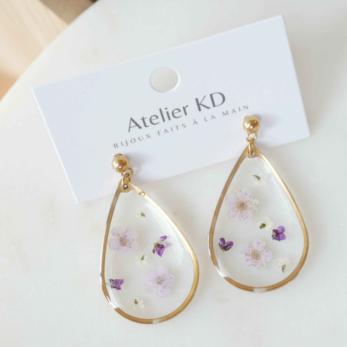 Boucles d'oreilles fleurs Violettes - goutte (XL 32mm)