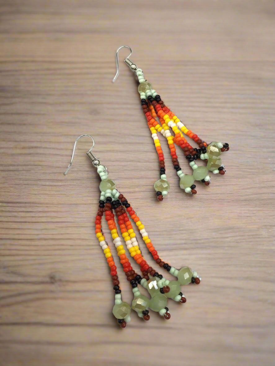 Pale Green Six-Strand Beaded Cascade Earrings