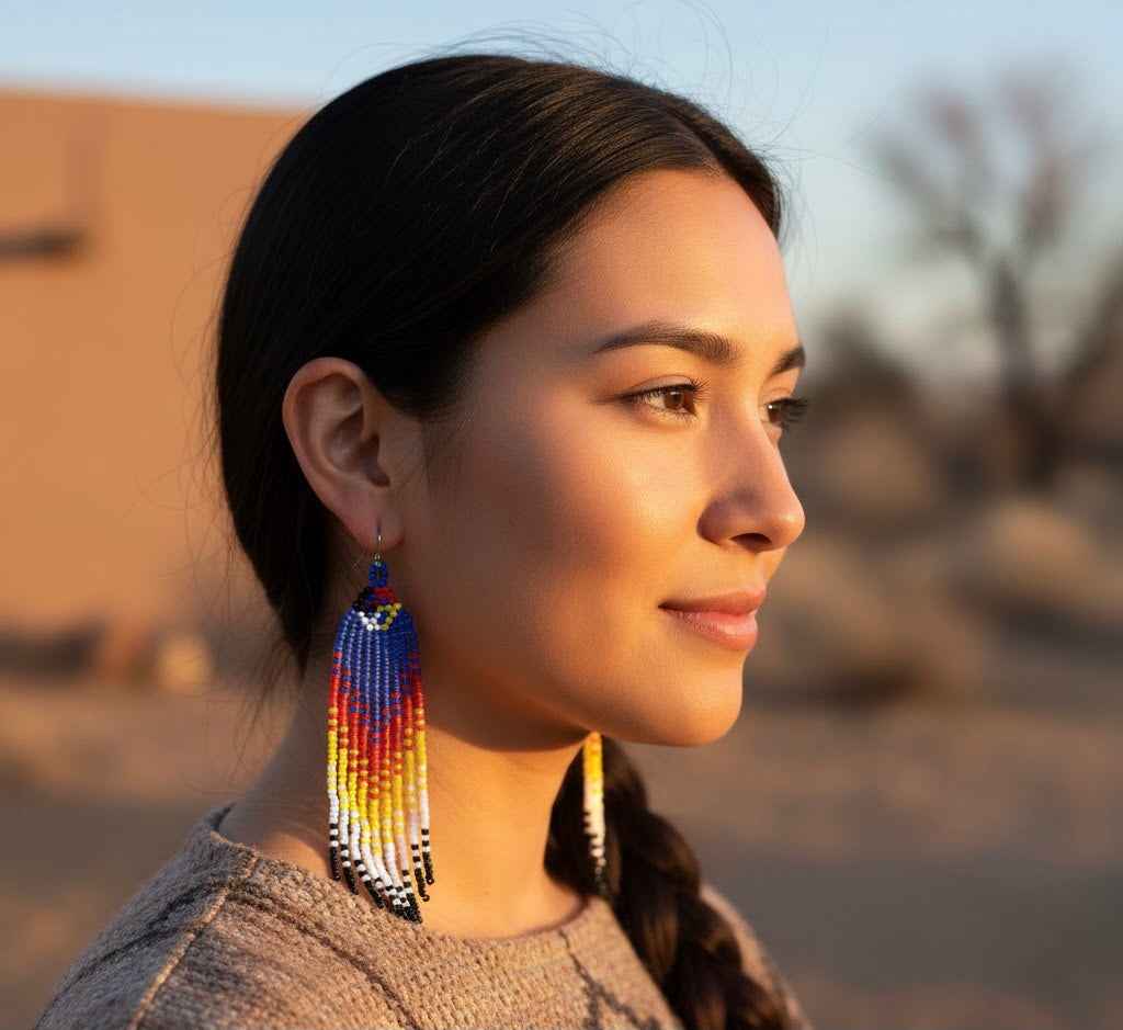 Blue red 4 corners Firebird Spirit Beaded Earrings