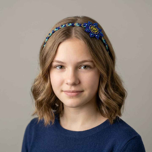 Beaded Headband with Flower Blue