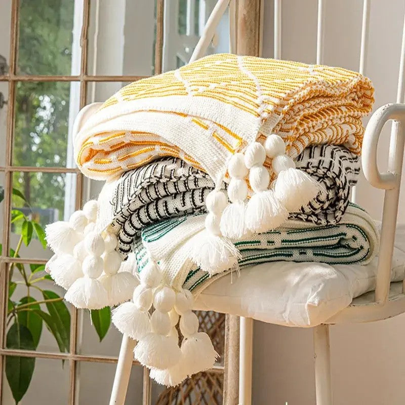 Meadow Cozy Pom Pom Blanket/Throw - Orange