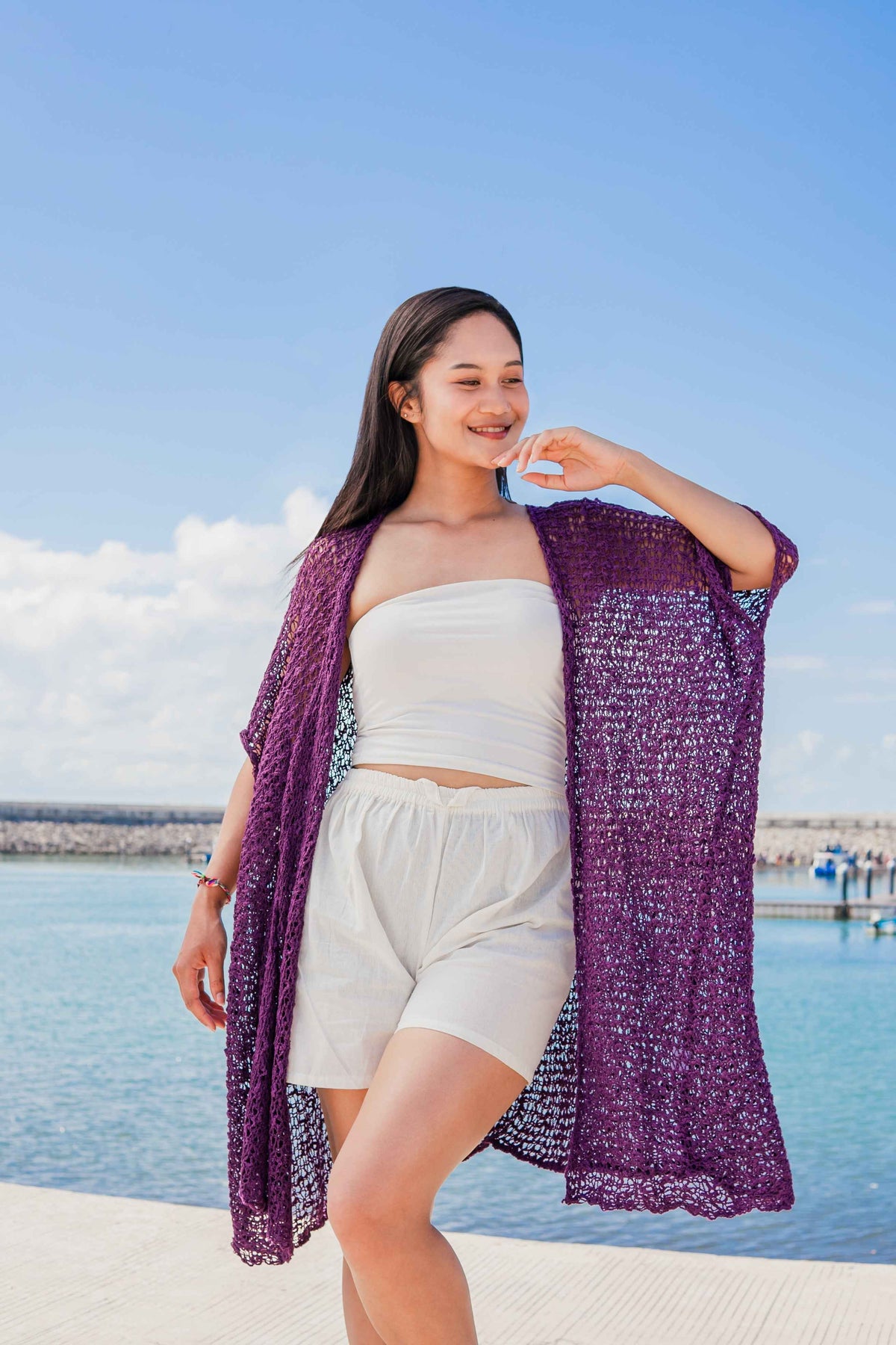 Mid Length Popcorn Knit Kimono - Purple