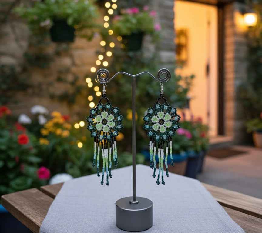 Dark Green Flower beaded Earrings