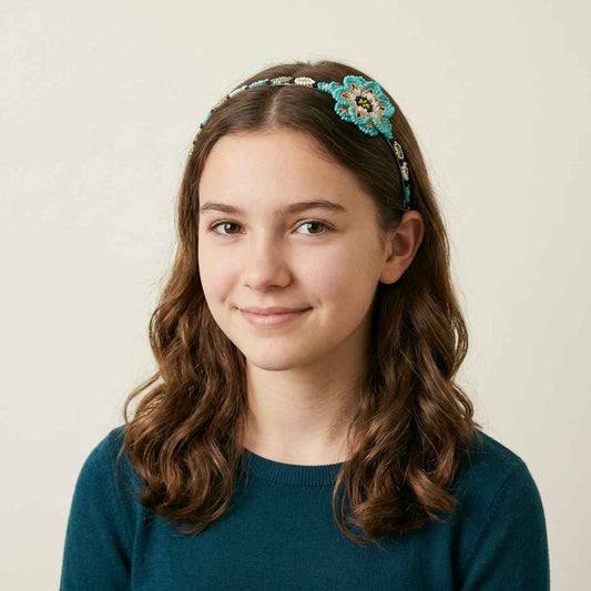 Beaded Headband with Flower Turquoise