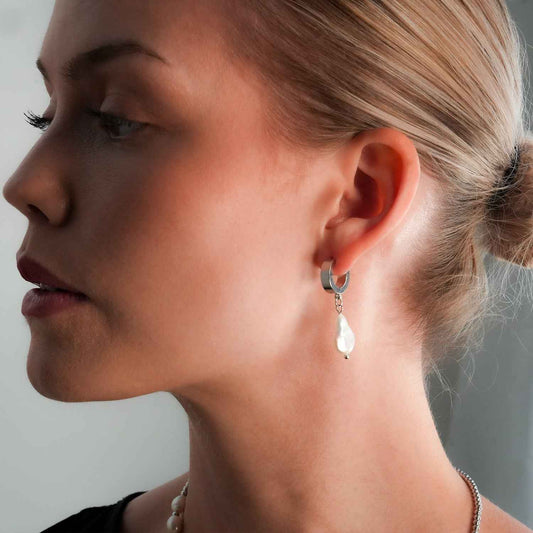 GAIA White Gold (Silver Toned): Baroque Freshwater Pearls on Wide Mini Hoops