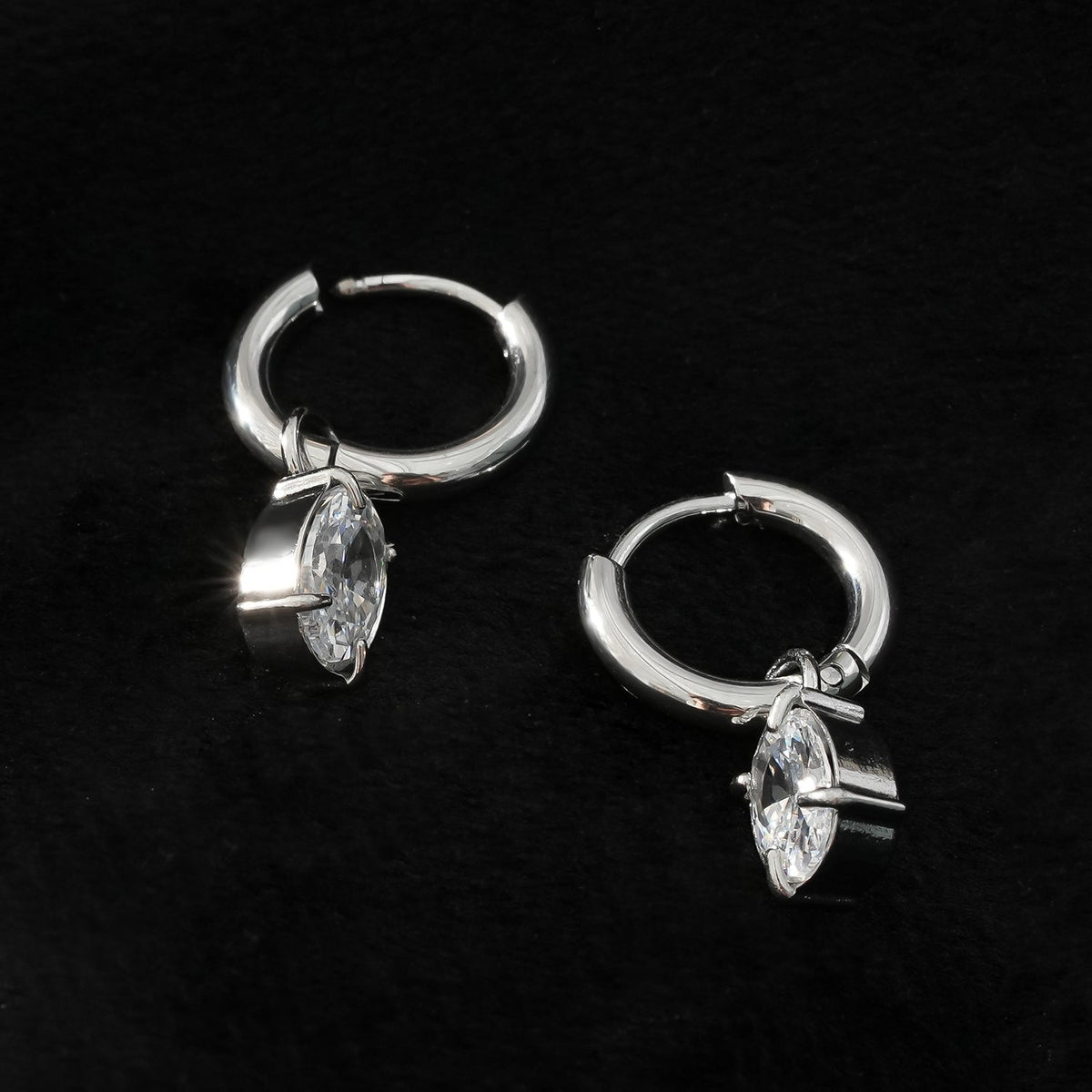 SEDONA Silver (White Gold): Mini Hoop Earrings Anchoring an Encased Zirconia (CZ) Charm