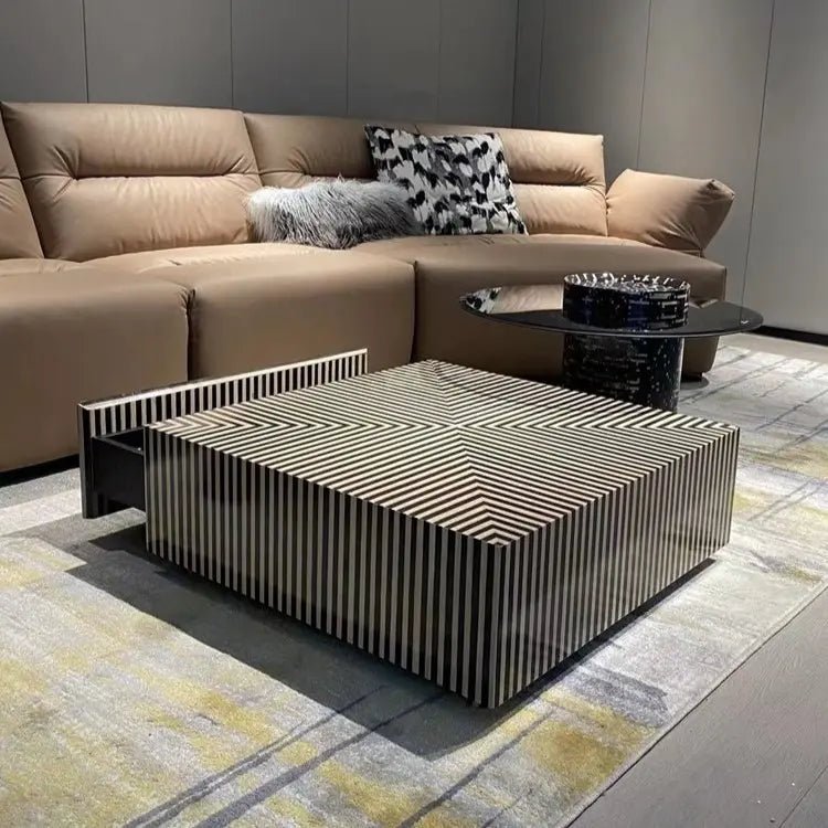 BT85 Modernes Couchtisch-Set mit Stauraum und gestreiftem Klavierdesign