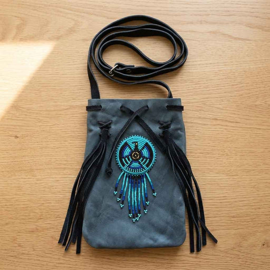 Beaded Suede Phone Pouch ~ Blue