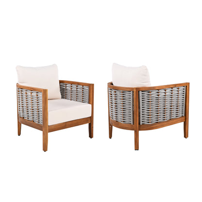 2-Piece Outdoor Acacia Wood Tub Chairs with Woven Rope – Deep-Seat Patio Armchairs with Cushions (US Delivery Only)