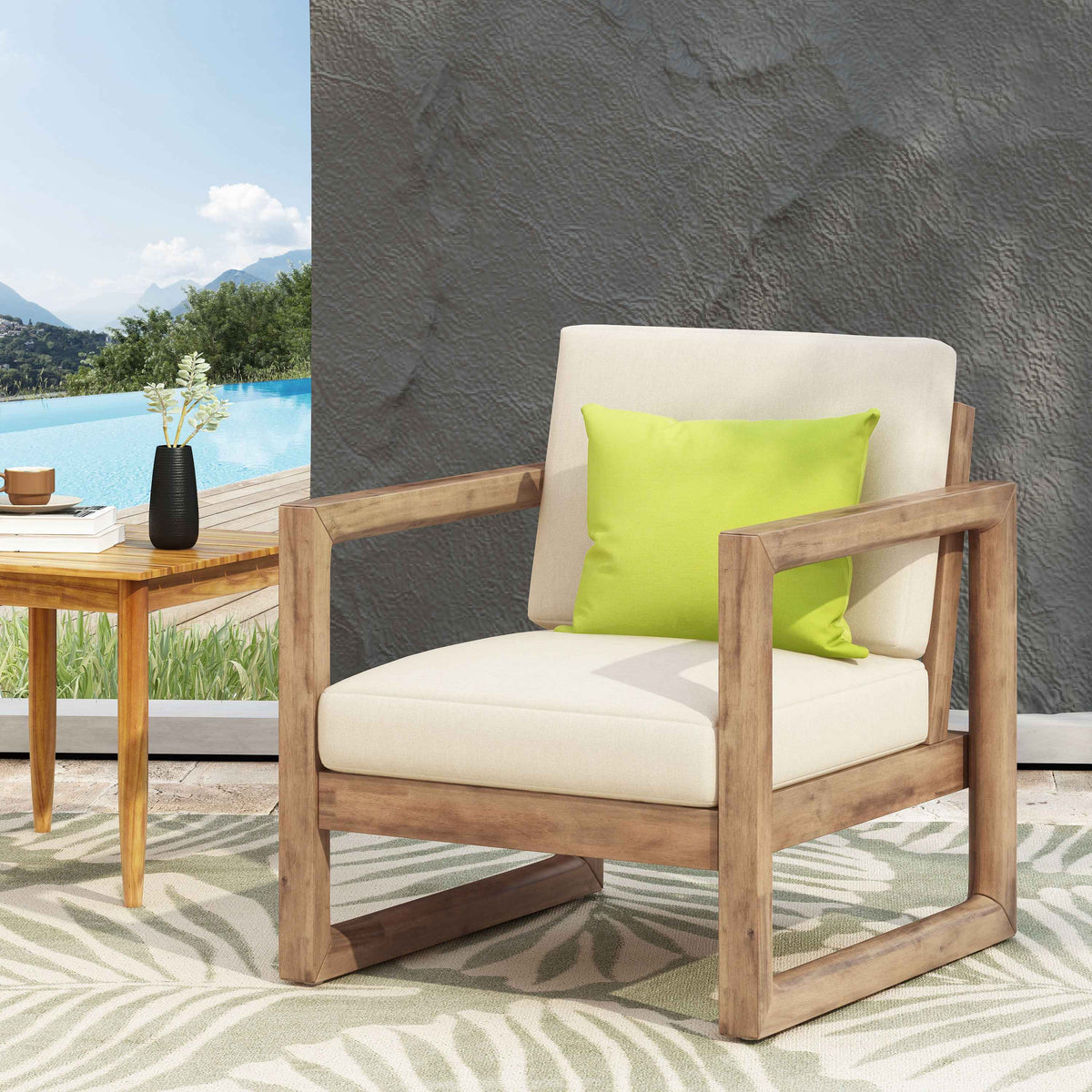 Outdoor Acacia Wood Patio Club Chair with Thick Waterproof Cushion – Deep Seating Lounge Chair (US Delivery Only)