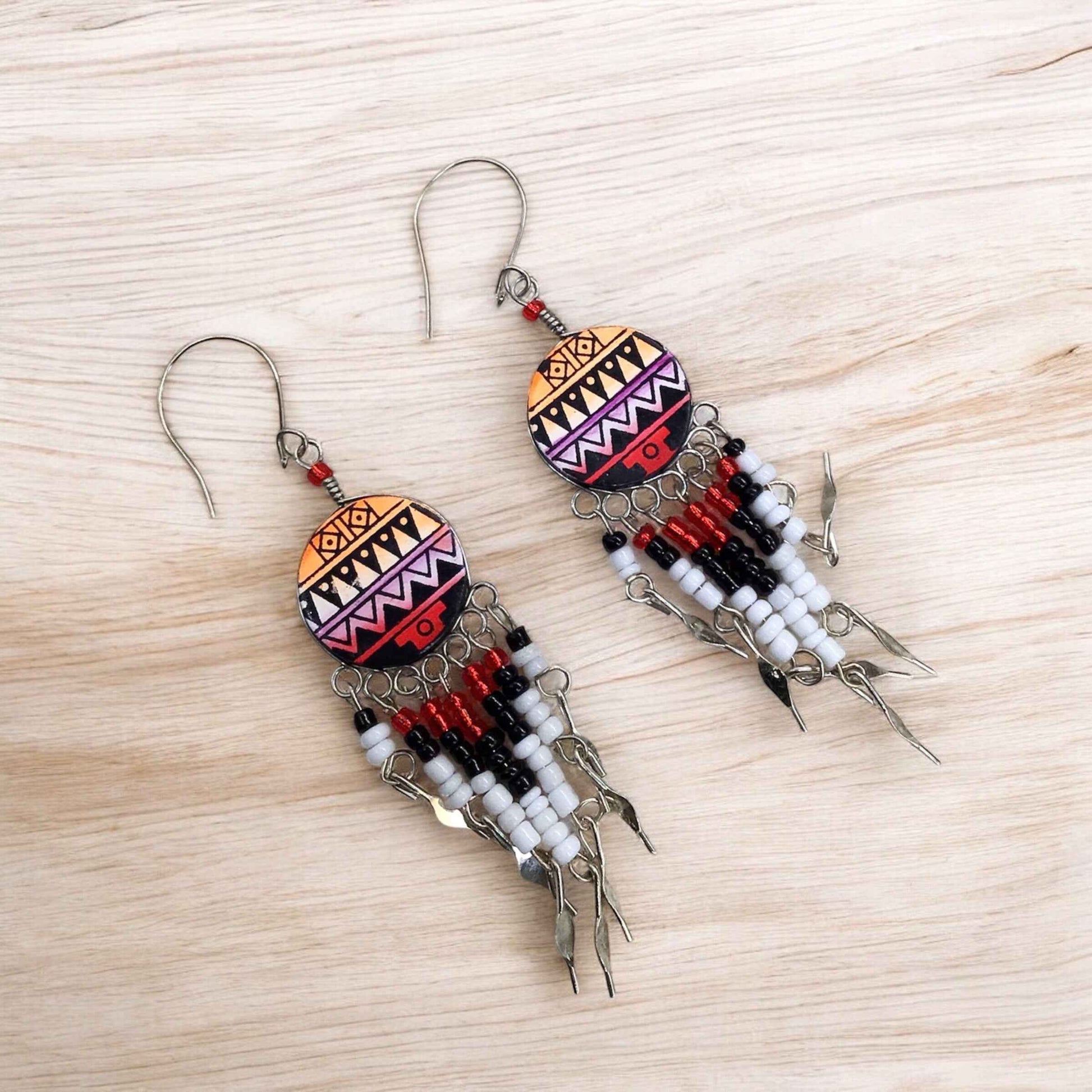 Orange and Red Southwestern Round Shaped Dangle Earrings