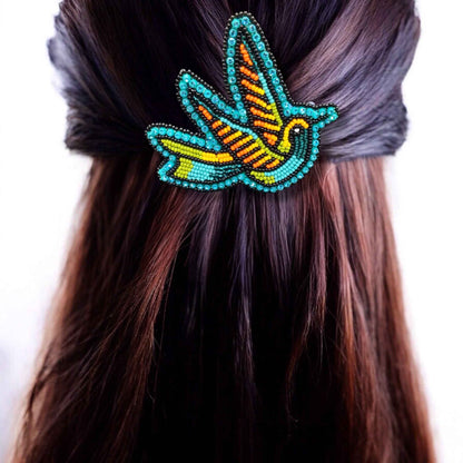 Turquoise and Orange Beaded Hummingbird Barrette