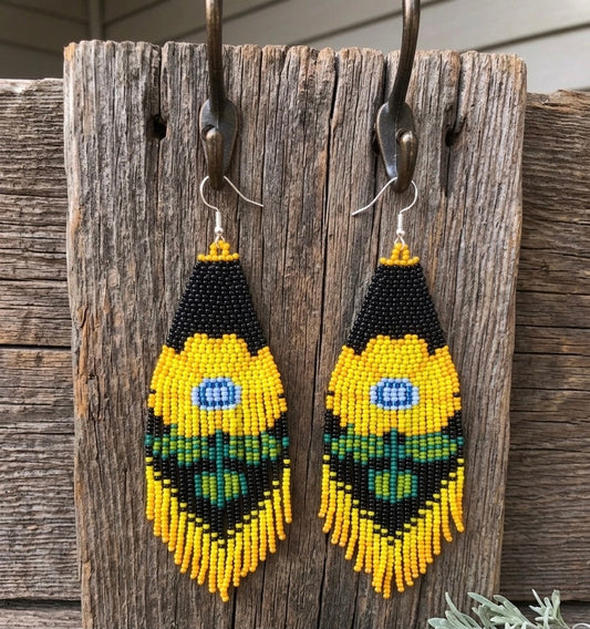 Flower Beaded Earrings ( Yellow )