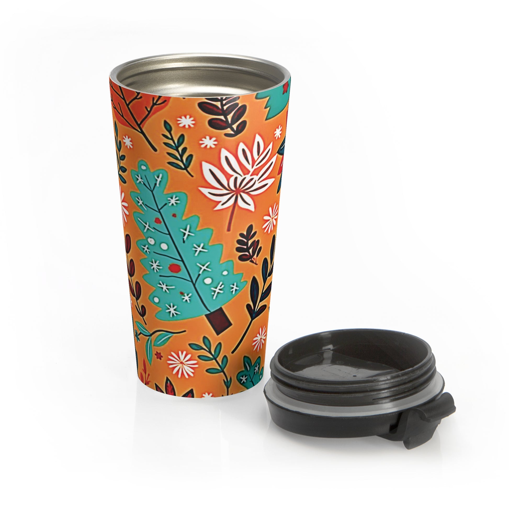 Autumn Floral Leaves Travel Mug | Orange Botanical Stainless Steel - AURABAGS SHOP
