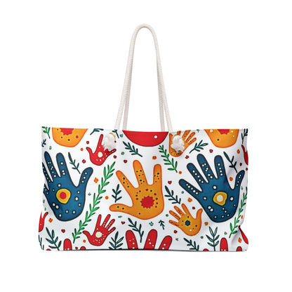 Farbenfrohe Handabdruck Weekender Tasche - Boho Palmendruck Reisetasche