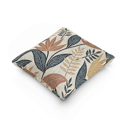 Tropical Leaf Pattern Woven Pillow | Botanical Throw Pillow, Neutral Blue Rust Design