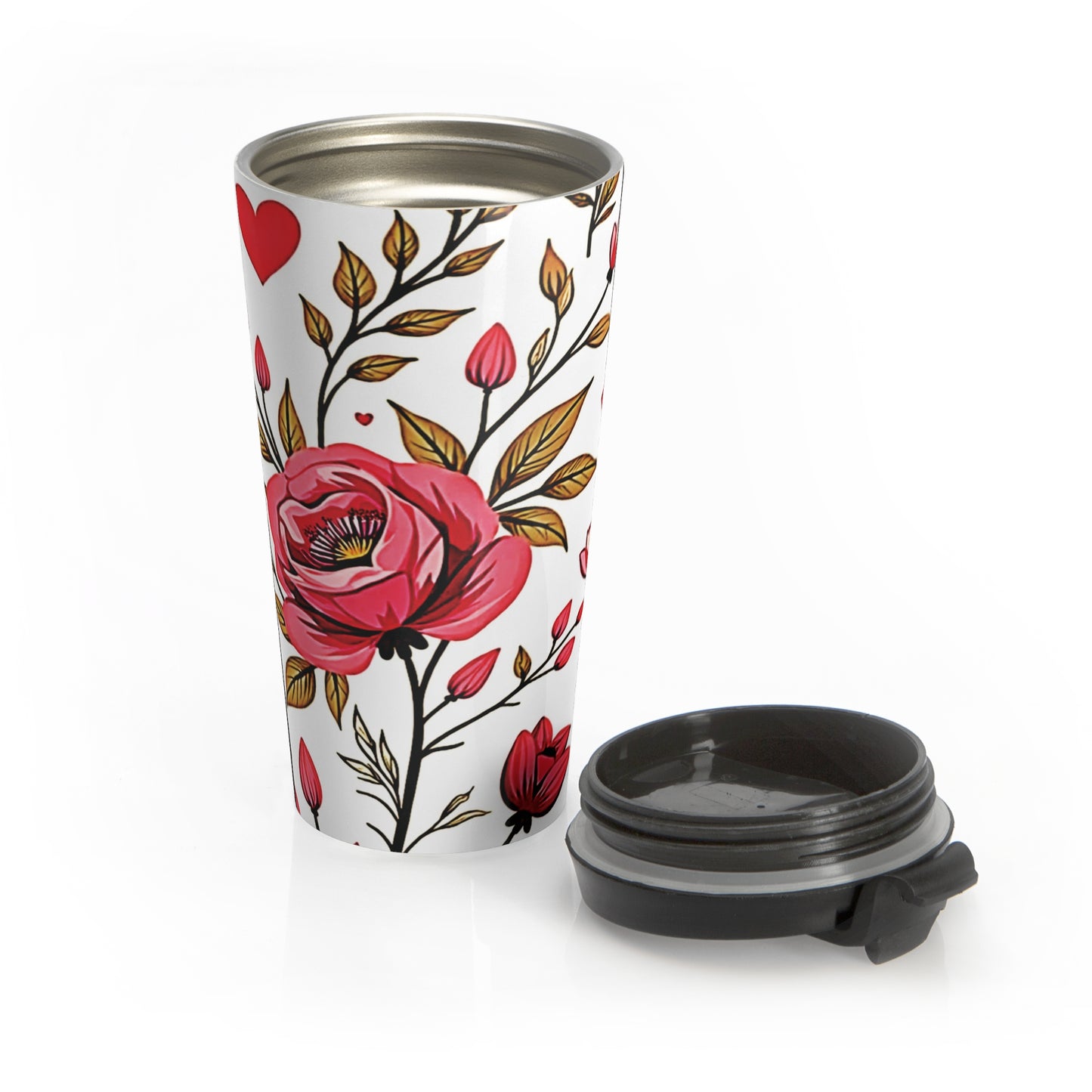 Red Rose Floral Pattern Travel Mug | Stainless Steel Tumbler - AURABAGS SHOP