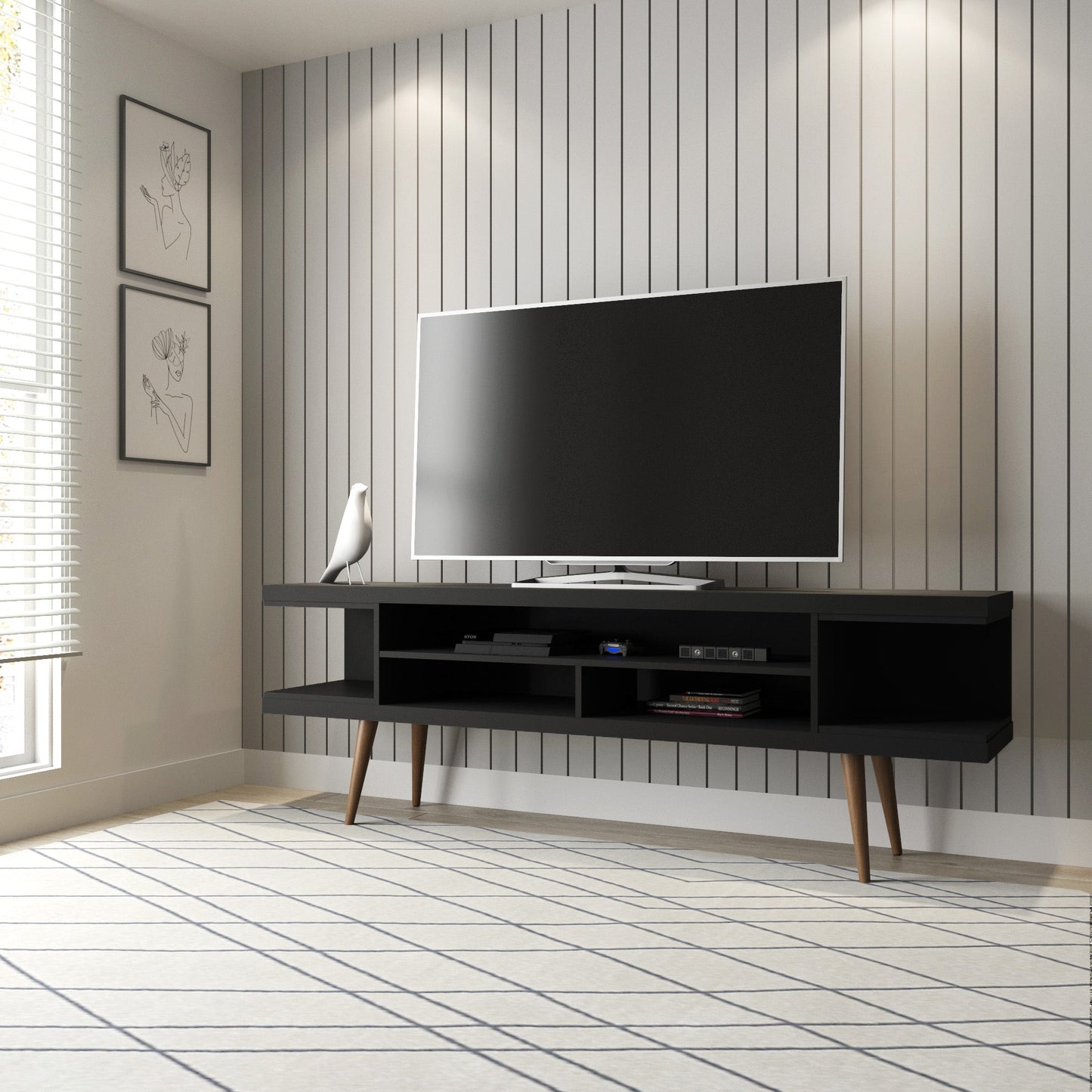 Eureka Modern TV-Lowboard „70.47" mit 4 Ablagen – Schwarz/Ahorn-Creme
