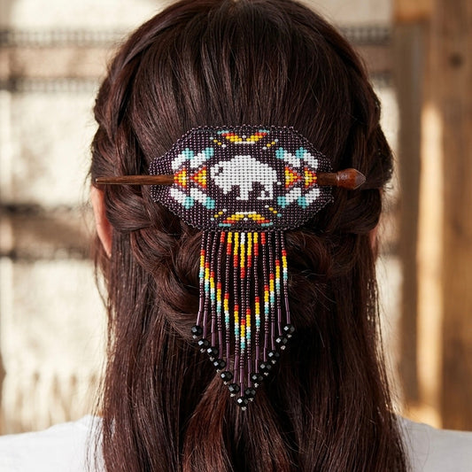 Buffalo Fringed Beaded Barrette & Wooden Stick