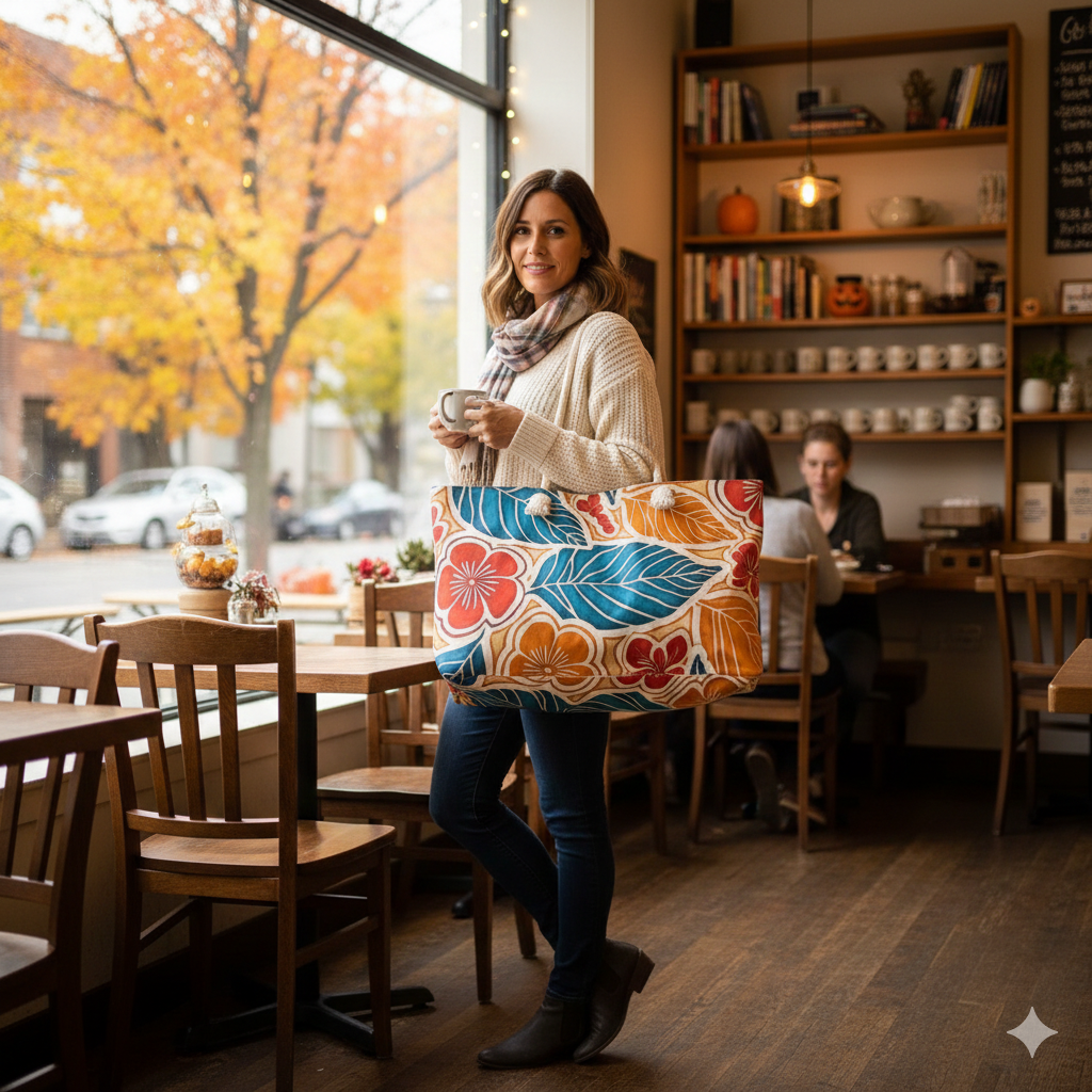 Tropical Floral Leaf Weekender Bag | Blue Orange Hibiscus Tote Bag - AURABAGS SHOP