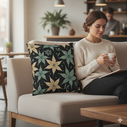 Star Floral Pattern Woven Pillow | Teal Gold Floral Throw Pillow - AURABAGS SHOP