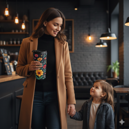 Colorful Floral Pattern Stainless Steel Travel Mug | Black Background - AURABAGS SHOP