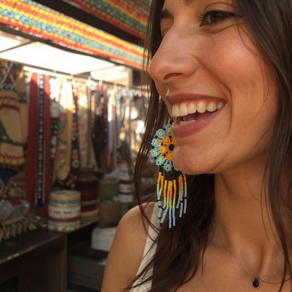 Yellow Blue  Flower beaded Earrings