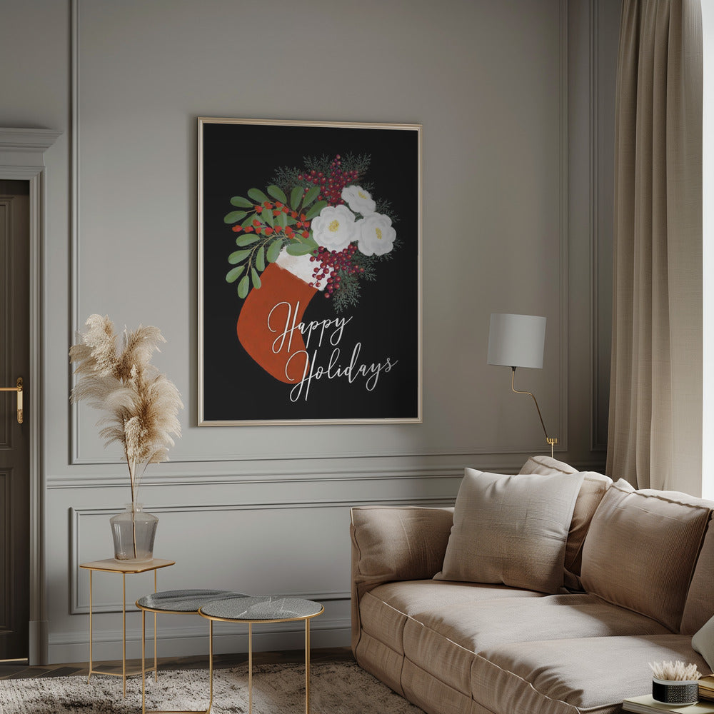 Wall art Floral Stocking Happy holidays in black Canvas Print