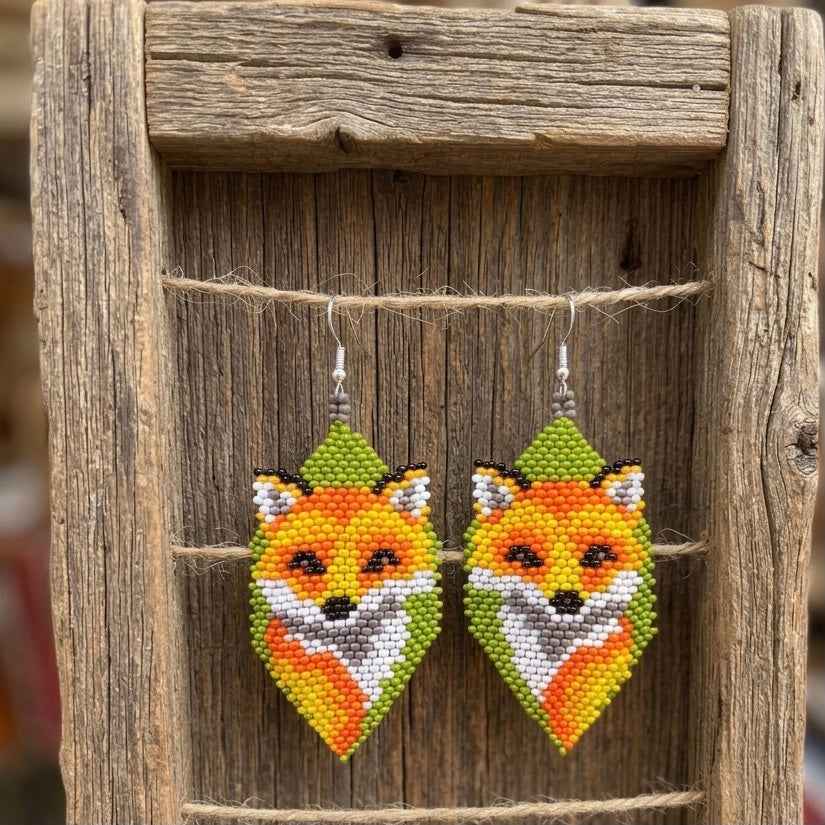 Fox Beaded Earrings (Green)
