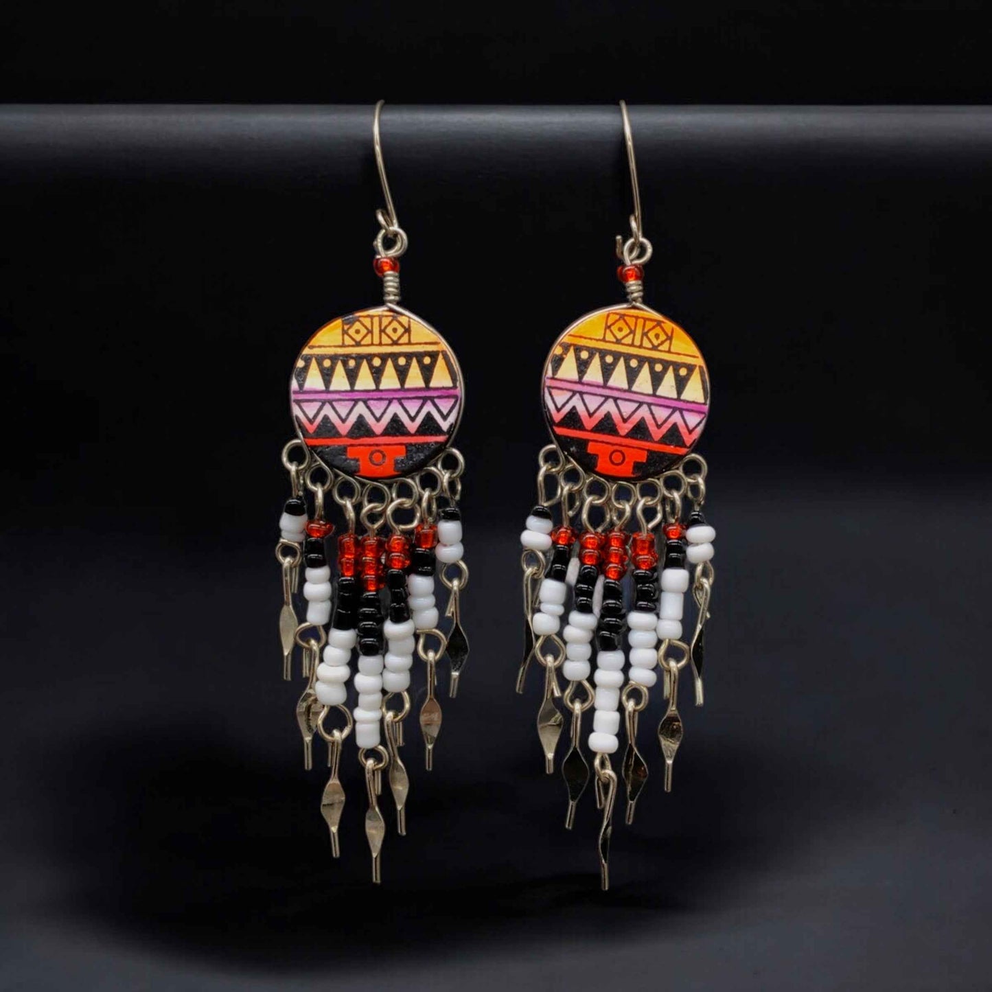Orange and Red Southwestern Round Shaped Dangle Earrings