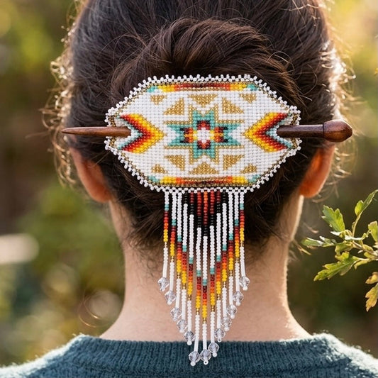 Wisdom Star Fringed Beaded Barrette & Wooden Stick