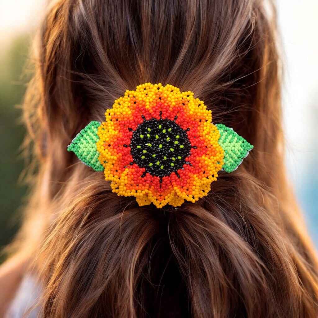 Handmade Beaded Sunflower Hair Clip-Bright Red
