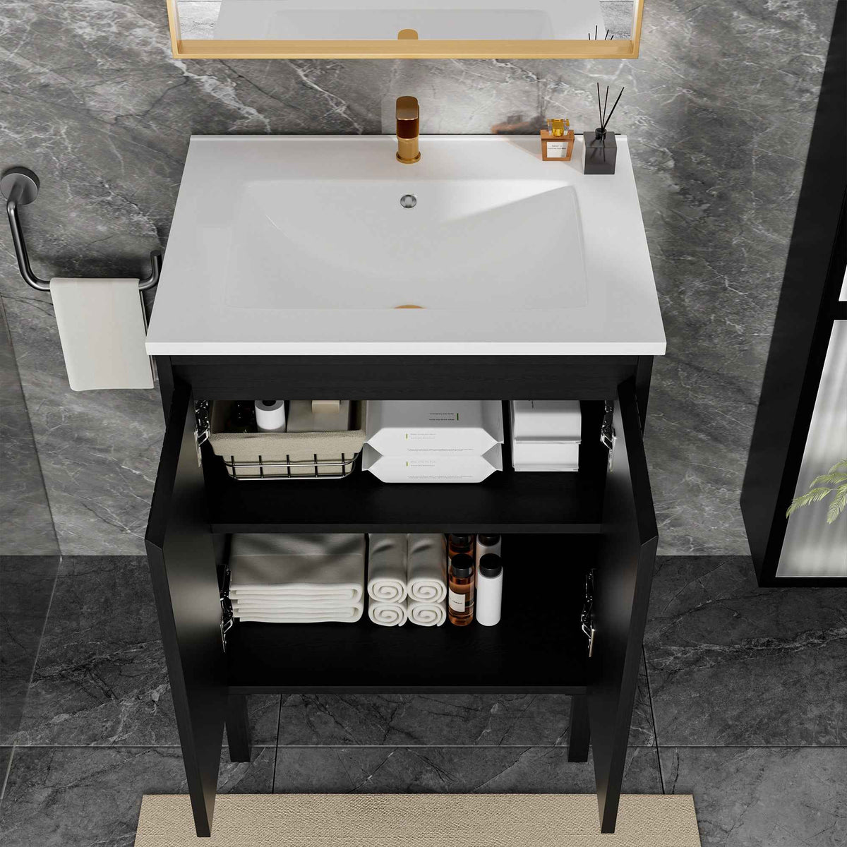 24-Inch Matte Black Bathroom Vanity Cabinet – Freestanding Storage Vanity Base Without Sink