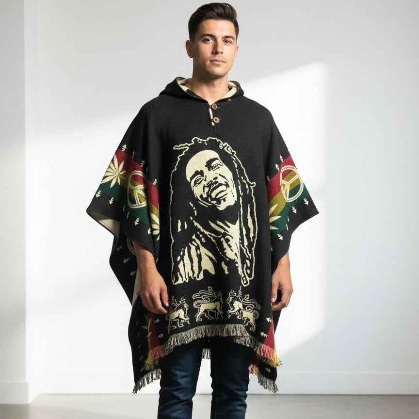 Vintage Bob Marley Hooded Poncho  HandMade Wool Poncho