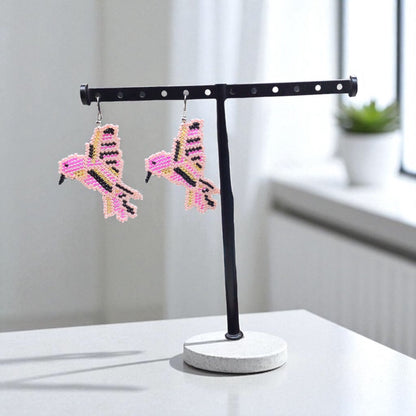 Pink Black Beaded bird Earrings