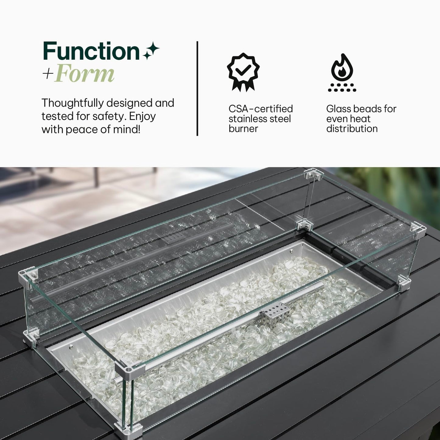Propane FirePit Table: 50,000 BTU Aluminum Slat Top with Lid, Stainless Steel Burner, Windguard, 8KG Glass Beads, 300D PVC Cover, CSA-Listed - AURABAGS SHOP