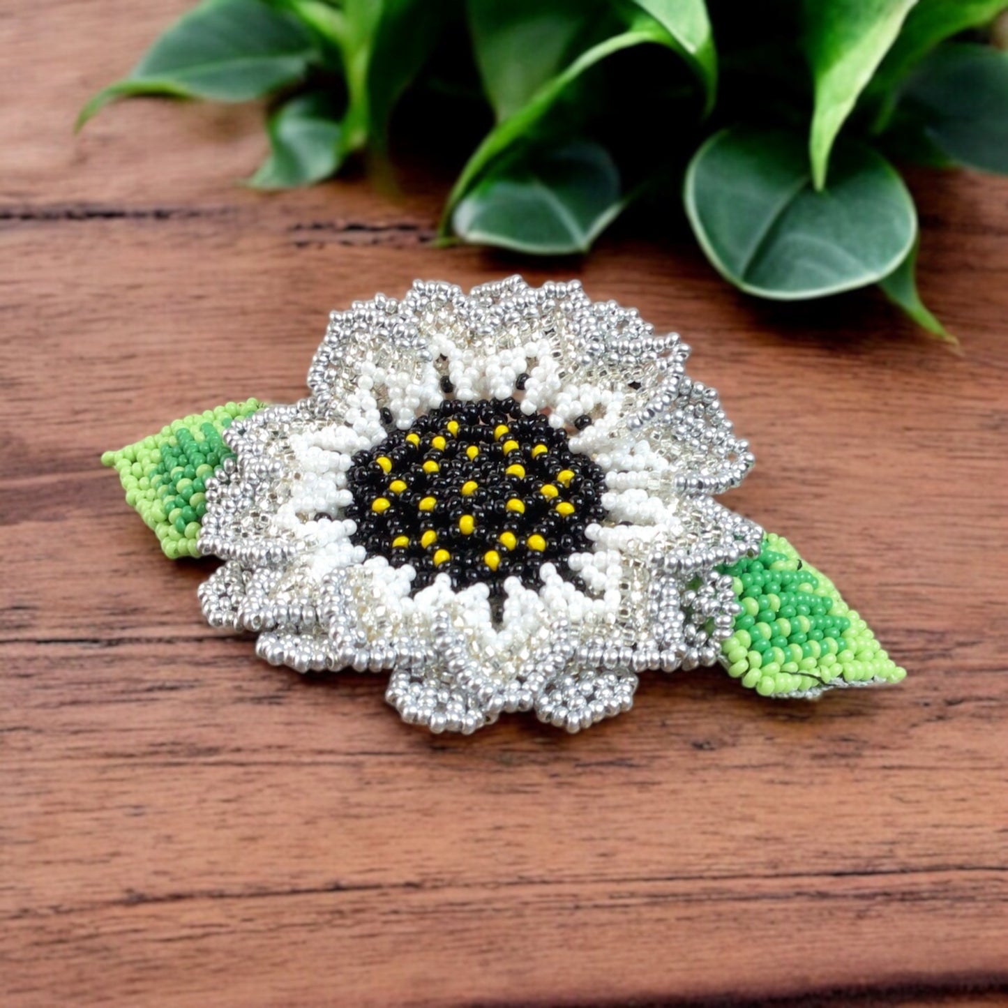 Handmade Beaded Sunflower Hair Clip- White and grey