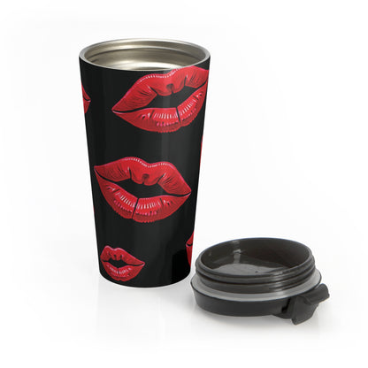 Red Lipstick Kiss Pattern Travel Mug | Black Stainless Steel - AURABAGS SHOP