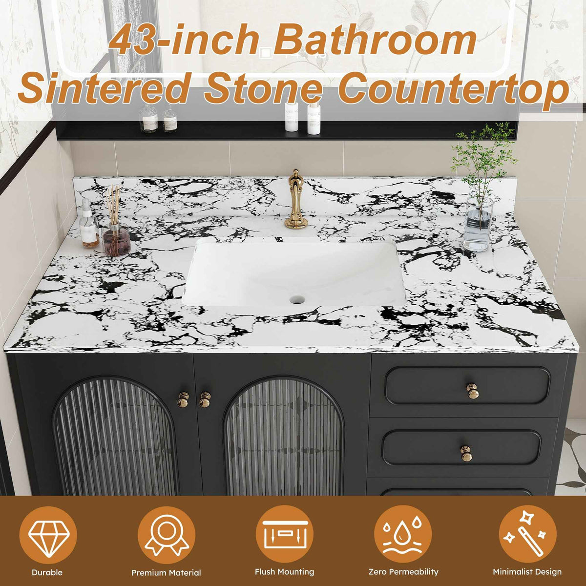 43-Inch Carrara White Bathroom Vanity Top with Undermount Ceramic Sink & Backsplash – Artificial Marble Countertop