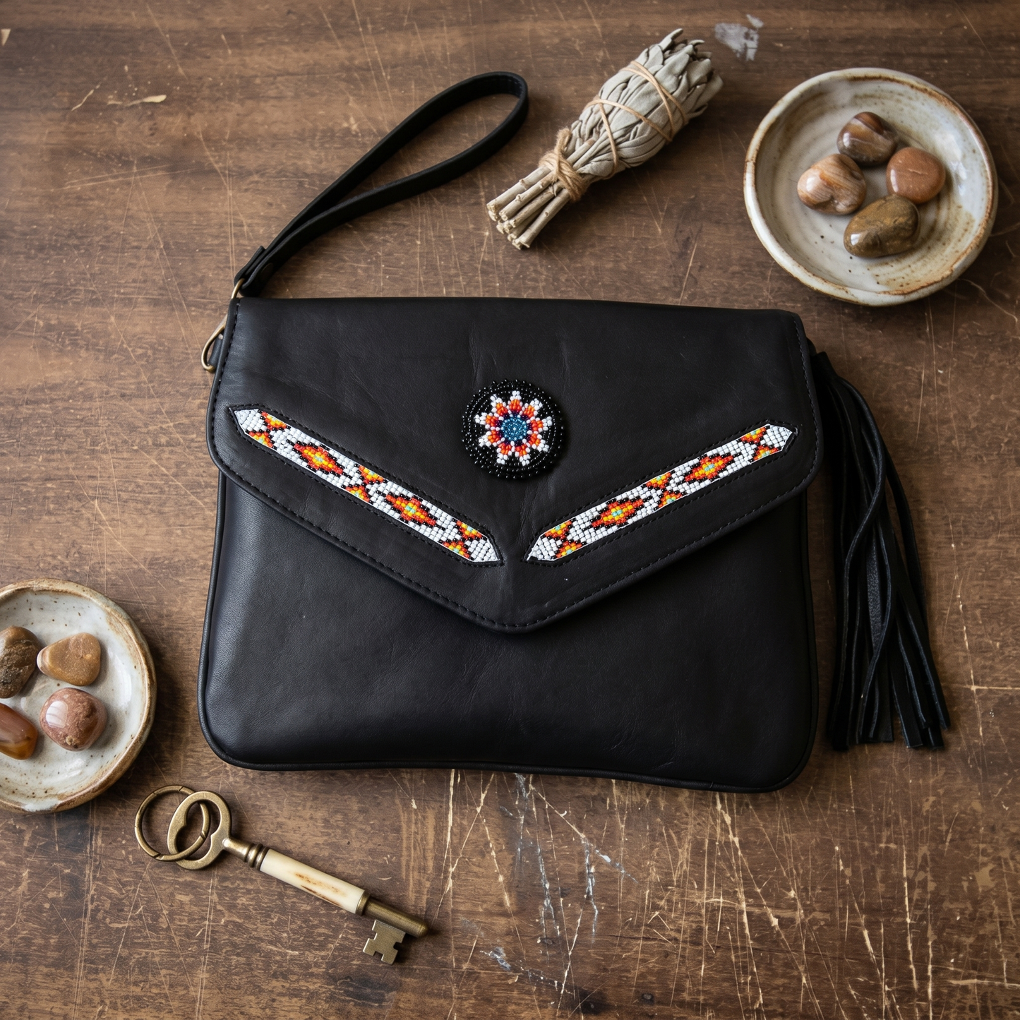 Leather beaded Crossbody bag(Black)