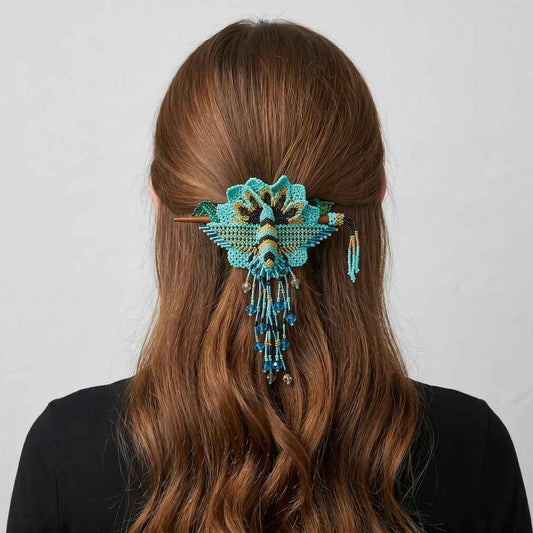 Maple Blossom Hummingbird Beaded Hair Stick Barrette Turquoise