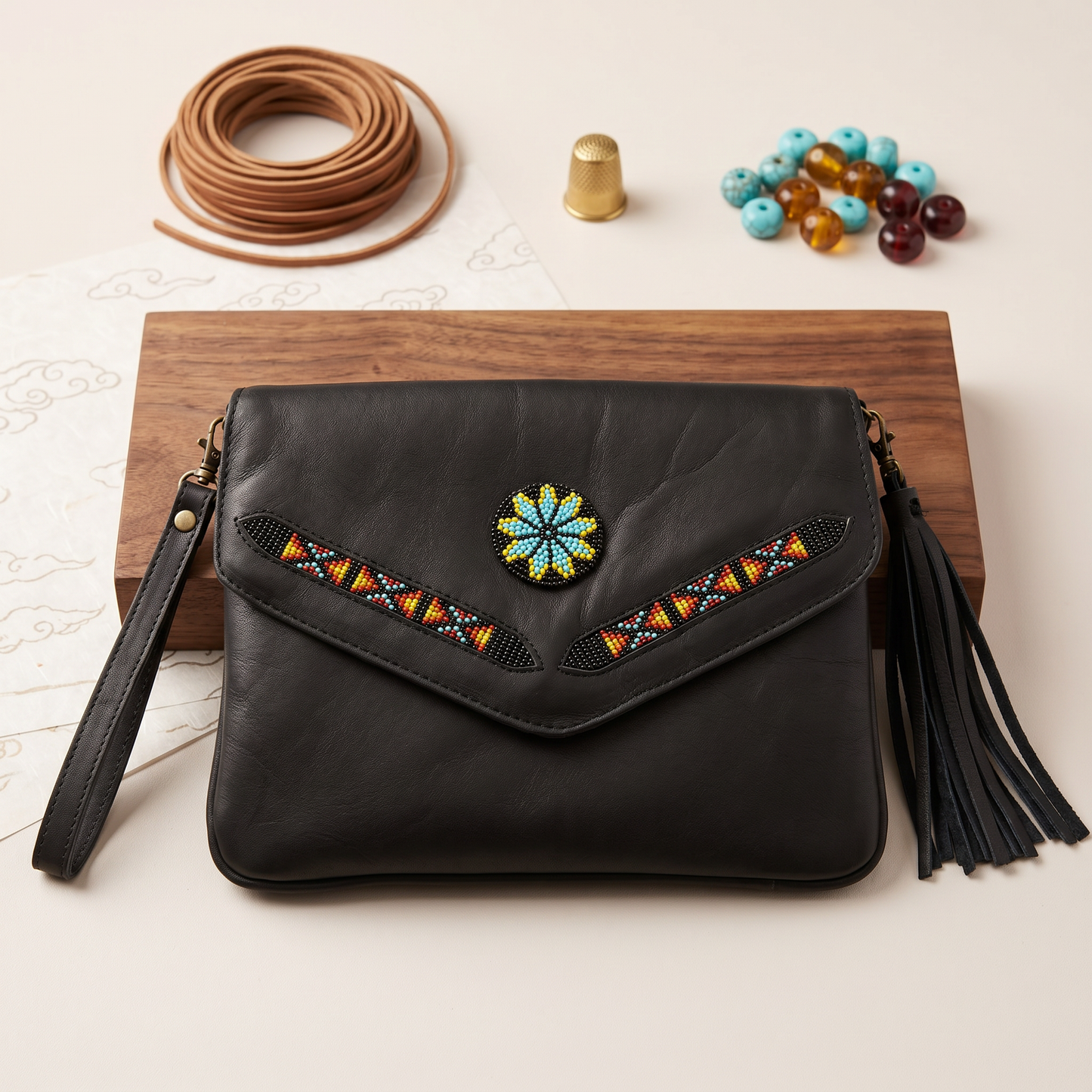 Leather beaded Crossbody bag(Black)